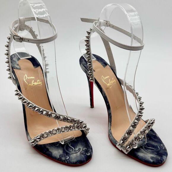Christian Louboutin Mafaldina Spikes Denim & Leather 100 Heels Sandals EU 37 US7 - Picture 2 of 12